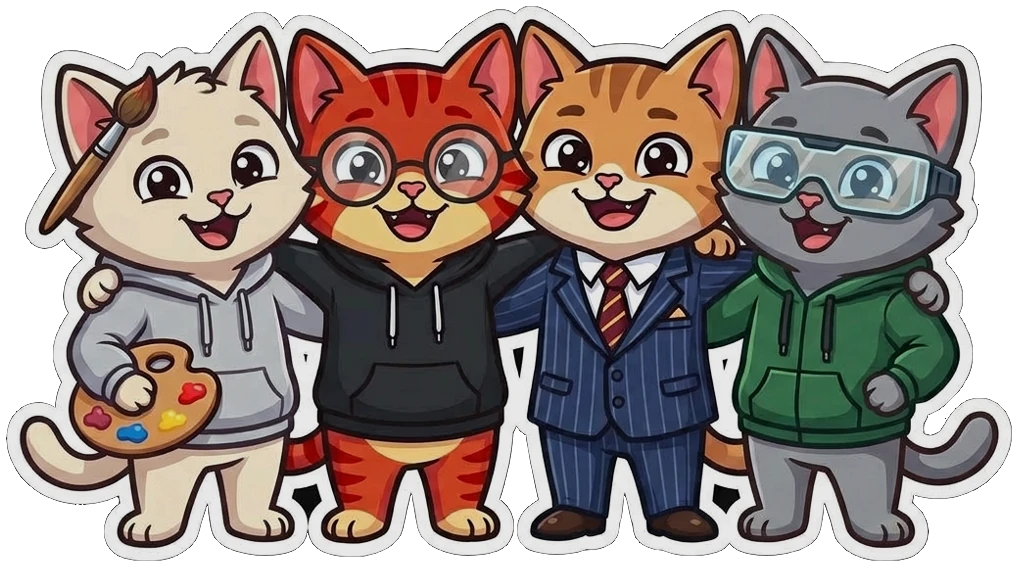 Four kittens standing arm in arm: a creator with a paintbrush, PRAMPTA in round glasses, a rights owner in a suit and an AI developer in safety goggles.